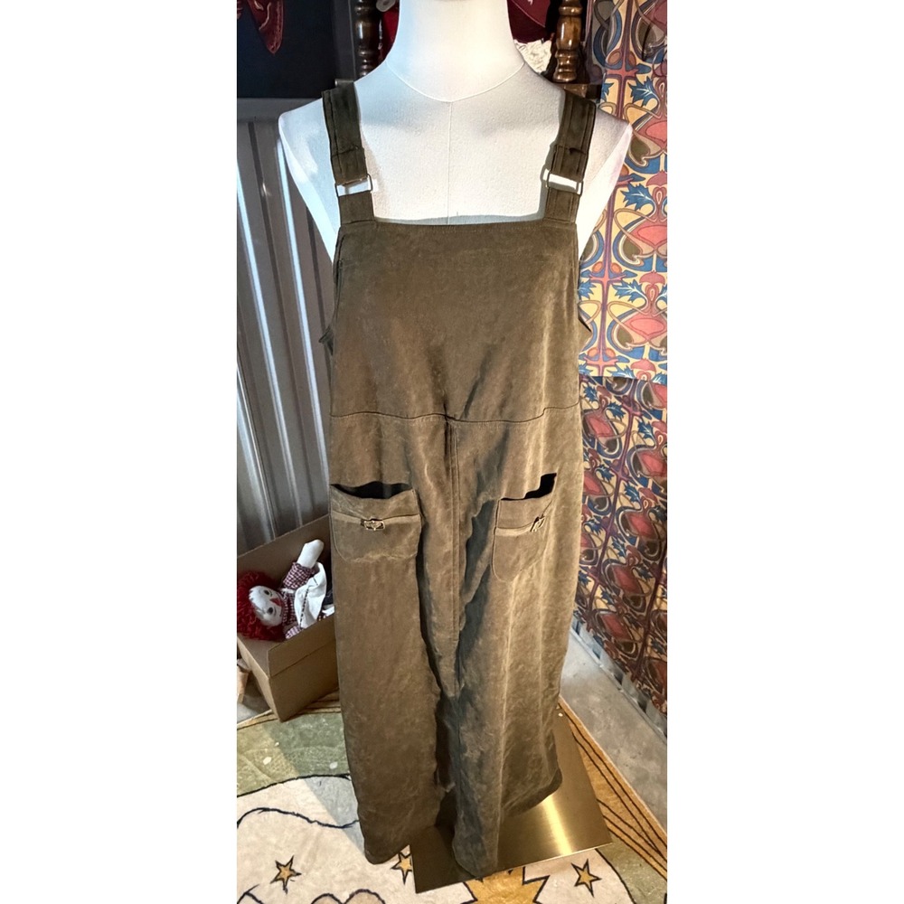 Kathy Ireland Olive Green Faux Suede Pinafore Maxi‎ Dress Womens Medium Vintage